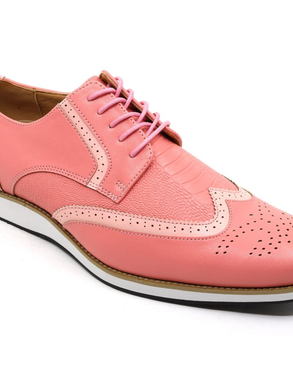 Pink Men's Dress Shoes, Wing tip Brogue Lace-Up Oxford, White Rubber Sole
